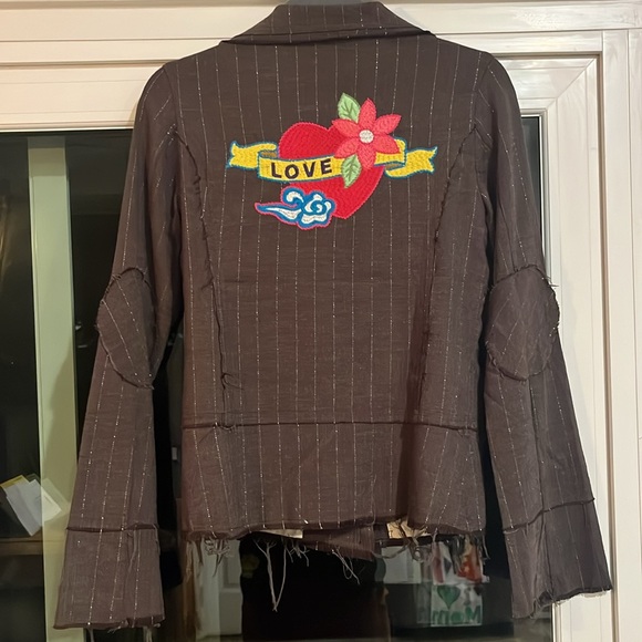 Lucca M Patchwork Denim Jacket 70's Hippie Style Embroidered Loose Threads Lined - Picture 6 of 7